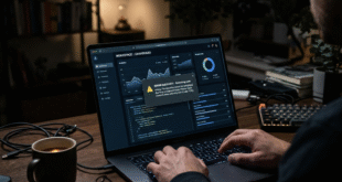 Person using laptop displaying software error message on a data analytics dashboard
