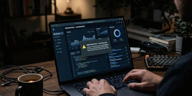 Person using laptop displaying software error message on a data analytics dashboard