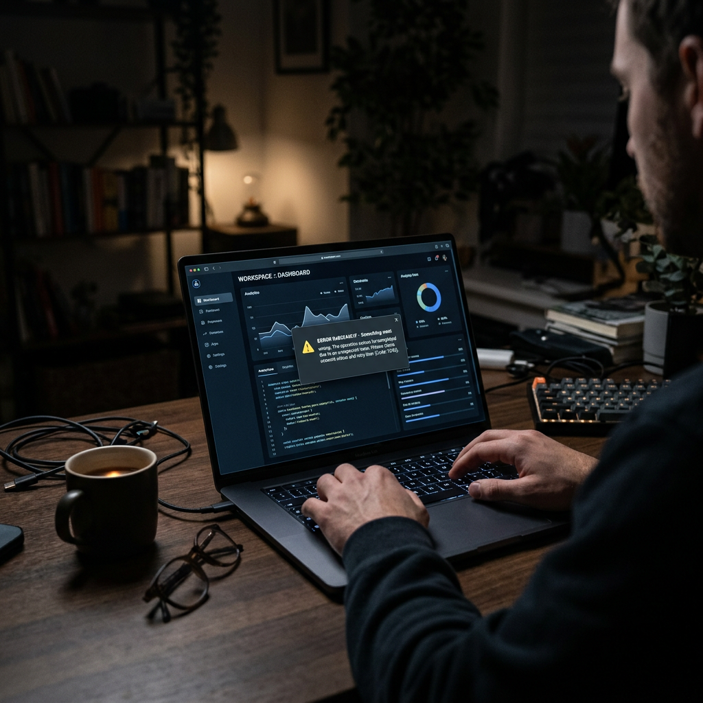 Person using laptop displaying software error message on a data analytics dashboard